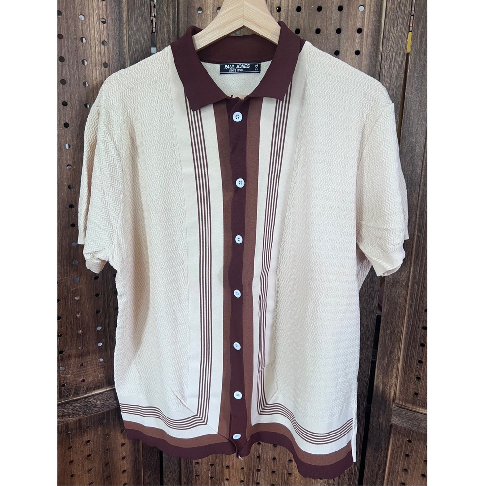 Paul Jones Vintage Style Button Up Shirt Mens 2XL Beige Brown Retro Bowling